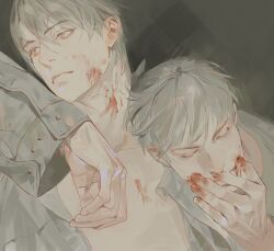 Rule 34 | 2boys, blood, blood on face, blood on hands, closed eyes, expressionless, grey background, grey hair, grey shirt, hair between eyes, hand on own face, highres, male focus, mgong520, multiple boys, open clothes, open shirt, original, red eyes, shirt, short hair, sketch, upper body