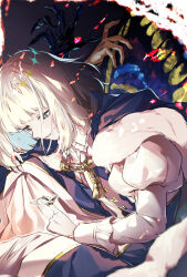Rule 34 | 1boy, arthropod boy, blanca (fate), blue cloak, blue eyes, bug, butterfly wings, cloak, crown, diamond hairband, fate/grand order, fate (series), fur-trimmed cloak, fur trim, highres, insect, insect on finger, insect wings, long sleeves, male focus, medium hair, moth, oberon (fate), smile, tenni noboru, upper body, wings