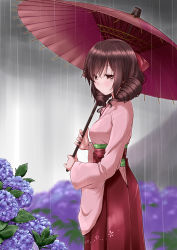 Rule 34 | 10s, 1girl, blue flower, blurry, blush, bow, breasts, brown eyes, brown hair, closed mouth, cowboy shot, depth of field, drill hair, eyebrows, flower, grey sky, hair bow, hakama, hakama skirt, harukaze (kancolle), highres, holding, holding umbrella, hydrangea, japanese clothes, kantai collection, kimono, long hair, long sleeves, meiji schoolgirl uniform, mikage takashi, oil-paper umbrella, outdoors, pink kimono, rain, red bow, red eyes, red hakama, sad, skirt, sky, solo, standing, twin drills, umbrella, wide sleeves