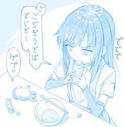 Rule 34 | 1girl, 1other, abyssal ship, arm warmers, asashio (kancolle), blue theme, bowl, chopsticks, collared shirt, cup, drinking glass, gotou hisashi, holding, holding cup, i-class destroyer, kantai collection, kuchiku i-kyuu, long hair, motion lines, pleated skirt, shirt, short sleeves, skirt, suspender skirt, suspenders, tears, tongue, tongue out, translated