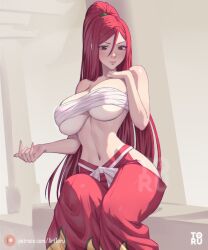 Rule 34 | 1girl, arttoru, bare shoulders, breasts, brown eyes, cleavage, covered erect nipples, erza scarlet, fairy tail, hakama, hand on own chest, high ponytail, highres, hip vent, japanese clothes, large breasts, long hair, navel, red hair, red hakama, sarashi, sitting, solo, underboob
