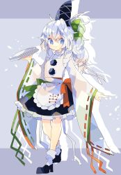 Rule 34 | 1girl, :3, apron, blue eyes, commentary request, full body, grey background, hair ribbon, hat, highres, long hair, long sleeves, looking at viewer, mononobe no futo, nikorashi-ka, plate, pom pom (clothes), ponytail, ribbon, ribbon-trimmed sleeves, ribbon trim, solo, standing, tate eboshi, touhou, two-tone background, white hair, wide sleeves