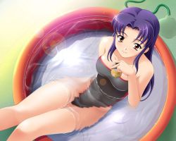Rule 34 | 1girl, alcohol, alternate costume, bare arms, bare legs, bare shoulders, beer, black one-piece swimsuit, blue hair, blush, breasts, brown eyes, can, casual one-piece swimsuit, closed mouth, from above, highleg, highleg swimsuit, hose, katsuragi misato, lens flare, long hair, long legs, looking at viewer, looking up, medium breasts, neon genesis evangelion, one-piece swimsuit, parted bangs, pool, purple hair, ripples, sidelocks, sitting, smile, solo, sparkle, straight hair, strapless, strapless one-piece swimsuit, swimsuit, wading pool, water, yuhji