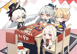 Rule 34 | 1girl, 3boys, alternate costume, blonde hair, cake, candy cane (food fantasy), chair, chibi, cookie, croissant (food fantasy), cup, dress, eggnog (food fantasy), food, food fantasy, grey hair, hair ornament, hairclip, hat, highres, long hair, macaron, mask, multiple boys, official art, short hair, sitting, smile, stuffed animal, stuffed toy, table, teacup, teapot, teddy bear, translated, tray, turkey (food fantasy), wings