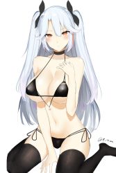 Rule 34 | 1girl, anchor, azur lane, bad id, bad pixiv id, bare arms, bare shoulders, bikini, black bikini, black ribbon, black thighhighs, blush, breasts, bright pupils, cleavage, closed mouth, collarbone, covered erect nipples, flag print, german flag bikini, hair ribbon, halterneck, hand on own chest, large breasts, long hair, looking at viewer, multicolored hair, no shoes, prinz eugen (azur lane), prinz eugen (unfading smile) (azur lane), red hair, ribbon, side-tie bikini bottom, silver hair, simple background, sitting, smile, solo, straight hair, streaked hair, swimsuit, thighhighs, tsurime, tuigusi555, two side up, underboob, very long hair, wariza, white background