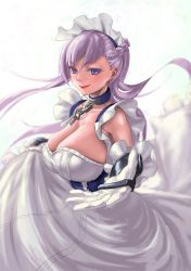 Rule 34 | 1girl, apron, azur lane, belfast (azur lane), braid, breasts, chain, cleavage, clothes lift, collar, collarbone, corset, french braid, frilled apron, frilled gloves, frills, gloves, holding, holding clothes, holding skirt, large breasts, maid, maid apron, maid headdress, outstretched arm, outstretched hand, purple hair, reaching, reaching towards viewer, red lips, skirt, skirt lift, smile, solo, tomiokasena, white apron, white gloves