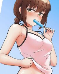 Rule 34 | 1girl, alternate costume, arthur ko, blue background, breasts, brown hair, camisole, food, fubuki (kancolle), green hair, kantai collection, looking at viewer, low ponytail, popsicle, sidelocks, small breasts, solo, unfinished, upper body, white camisole