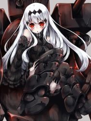 Rule 34 | 10s, 1girl, :o, abyssal ship, aircraft carrier water oni, armor, armored boots, bare shoulders, black dress, black footwear, black thighhighs, blush, boots, breasts, colored skin, detached sleeves, dress, feet, foot focus, glowing, glowing eyes, hair ornament, highres, kajaneko, kantai collection, large breasts, long hair, long sleeves, machinery, red eyes, ribbed dress, sailor dress, short dress, solo, striped, thighhighs, turret, very long hair, white hair, white skin, zettai ryouiki