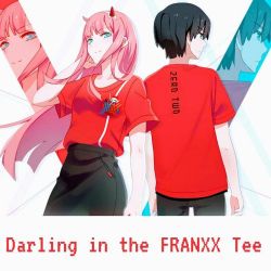 Rule 34 | 10s, 1boy, 1girl, black hair, black pants, black skirt, blue eyes, breasts, commentary, couple, darling in the franxx, english text, green eyes, hair ornament, hairband, hand in own hair, hetero, hiro (darling in the franxx), horns, long hair, medium breasts, meokiome, oni horns, pants, pink hair, red horns, red shirt, shirt, short hair, skirt, white hairband, zero two (darling in the franxx)