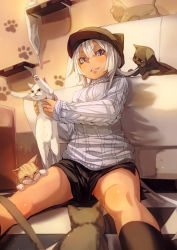 Rule 34 | 1girl, animal, aran sweater, black hat, black shorts, black socks, blue eyes, cable knit, cat, checkered floor, couch, dark-skinned female, dark skin, eyeliner, fu-ta, grin, hat, hat with ears, holding, holding animal, indoors, kneehighs, long sleeves, looking at viewer, makeup, on floor, original, parted lips, partially visible vulva, paw print, shelf, short hair, shorts, sitting, smile, socks, solo, sweat, sweater, tan, too many, too many cats, turtleneck, upshorts, white hair