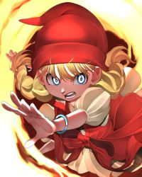 Rule 34 | 1girl, absurdres, aged down, angry, attack, battle, blonde hair, blue eyes, bow, bracelet, braid, bright pupils, dragon quest, dragon quest xi, dress, eyelashes, facing viewer, female focus, fire, hair ornament, hair ribbon, hat, highres, jewelry, long hair, magic, open hand, open mouth, puffy sleeves, red dress, ribbon, swirl, teeth, tongue, veronica (dq11)