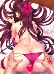 Rule 34 | 1girl, all fours, anus, ass, ass grab, bare shoulders, bikini, bikini bottom aside, blush, bracelet, breasts, bridal garter, butt crack, censored, clothing aside, fate/grand order, fate (series), flower, hair flower, hair ornament, hayama kazusa, heart, heart censor, hetero, hibiscus, highres, jewelry, large breasts, long hair, looking at viewer, looking back, nipples, open mouth, penis, purple bikini, purple eyes, purple hair, scathach (fate), scathach (fate/grand order), scathach (swimsuit assassin) (fate), sex, sex from behind, sideboob, sweat, swimsuit, vaginal, very long hair
