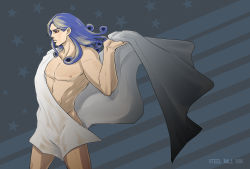 Rule 34 | 1boy, american flag, bad id, bad pixiv id, bed sheet, blue hair, copyright name, funny valentine, highres, jojo no kimyou na bouken, long hair, male focus, naked sheet, red eyes, ryugue, solo, steel ball run