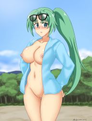 Rule 34 | 1girl, abridged-satoko, blush, breasts, censored, curvy, green eyes, green hair, hands on own hips, highres, higurashi no naku koro ni, jacket, large breasts, legs, long hair, looking at viewer, navel, nipples, nude, open mouth, ponytail, pussy, solo, sonozaki mion, sunglasses, sweat, thick thighs, thighs