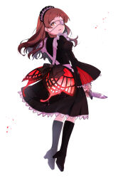 Rule 34 | 1girl, apron, black bow, black dress, black footwear, black headdress, boots, bow, breasts, brown hair, dot nose, dress, dress bow, eyepatch, from behind, full body, glint, highres, holding, holding knife, idolmaster, idolmaster million live!, idolmaster million live! theater days, kitazawa shiho, knee boots, knife, lace, lace-trimmed dress, lace trim, long hair, long sleeves, looking at viewer, looking back, medium breasts, open mouth, puffy long sleeves, puffy sleeves, shirop imas, simple background, smile, solo, tiptoes, white apron, white background, wide sleeves, yellow eyes
