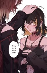 Rule 34 | 2girls, aketa mikoto, black hair, black nails, blonde hair, bra strap, colored inner hair, commentary, crop top, crying, crying with eyes open, english commentary, english text, fang, flying-frappuccino, headpat, highres, idolmaster, idolmaster shiny colors, ikaruga luca, jacket, long sleeves, medium hair, multicolored hair, multiple girls, navel piercing, off shoulder, open clothes, open jacket, open mouth, piercing, red hair, red nails, simple background, speech bubble, tears, white background, yellow eyes