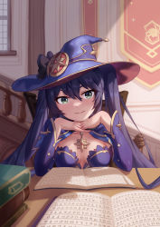 Rule 34 | 1girl, absurdres, black hair, book, breasts, breasts apart, commentary, dress, english commentary, genshin impact, green eyes, hat, head rest, highres, long hair, looking at viewer, mona (genshin impact), pov across table, purple dress, purple hat, purple sleeves, small breasts, smile, solo, table, twintails, very long hair, witch hat, yi xiang ren
