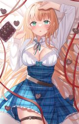 Rule 34 | 1girl, anna (shadowverse), aqua eyes, blonde hair, blue skirt, blush, bow, bow bra, bra, breasts, candy, chocolate, chocolate heart, cleavage, collared shirt, commission, food, frilled skirt, frills, heart, high-waist skirt, highres, long hair, long sleeves, medium breasts, nibosi, open clothes, open mouth, open shirt, plaid, plaid skirt, red ribbon, ribbon, shadowverse, shirt, skeb commission, skirt, solo, thigh strap, underwear, very long hair, white bra, white shirt