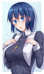 Rule 34 | 1girl, alternate breast size, blue eyes, blue hair, breasts, ciel (tsukihime), cross, cross necklace, flying sweatdrops, glasses, hair between eyes, hands on own chest, highres, jewelry, large breasts, necklace, nun, open mouth, short hair, simple background, soukitsu, traditional nun, tsukihime