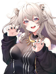 Rule 34 | 1girl, ahoge, animal ears, bare shoulders, black jacket, blush, breasts, claw pose, cleavage, ear piercing, eyelashes, fangs, fingernails, fur-trimmed jacket, fur trim, grey eyes, grey hair, highres, hololive, jacket, jewelry, lion ears, lion girl, long hair, looking at viewer, medium breasts, mikan (chipstar182), nail polish, necklace, off-shoulder jacket, off shoulder, piercing, see-through, see-through cleavage, shishiro botan, shishiro botan (1st costume), simple background, smile, solo, two side up, v-shaped eyebrows, virtual youtuber, white background