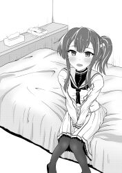 1girl :d absurdres ayanokouji_martial_arts_school_uniform bed blush commentary_request corded_phone greyscale hair_between_eyes highres indoors justy long_sleeves looking_at_viewer medium_hair monochrome neckerchief on_bed open_mouth pantyhose phone pleated_skirt sailor_collar school_uniform side_ponytail sitting skirt smile solo suzumoto_hana tissue_box toji_no_miko