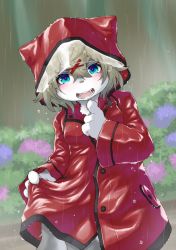 Rule 34 | 1girl, absurdres, blue eyes, blush, claws, coat, dog girl, fangs, female focus, finger to mouth, flower, furry, furry female, grey fur, hair ornament, highres, hood, hood up, hooded coat, huge filesize, koishi chikasa, laika (rai-rai), looking at viewer, open mouth, original, outdoors, pink pupils, rain, raincoat, red coat, solo, teeth, water, wet, whiskers, x hair ornament