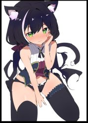 Rule 34 | 1girl, animal ear fluff, animal ears, black border, black hair, black panties, black thighhighs, blush, border, breasts, caburi, cat ears, cat girl, cat tail, closed mouth, green eyes, highres, karyl (princess connect!), long hair, looking at viewer, low twintails, medium breasts, multicolored hair, nose blush, panties, princess connect!, simple background, sitting, sleeveless, solo, streaked hair, tail, thighhighs, twintails, underwear, very long hair, white background, white hair