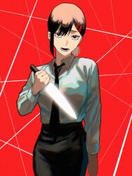 Rule 34 | 1girl, black hair, black necktie, black pants, chainsaw man, collared shirt, hair ornament, hairclip, higashiyama kobeni, highres, holding, holding knife, knife, kota 2kx, looking at viewer, mole, mole under mouth, necktie, open mouth, pants, red background, shirt, shirt tucked in, short hair, short ponytail, single sidelock, solo, swept bangs, white shirt