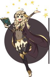 Rule 34 | 1girl, ahoge, arms up, blonde hair, bodystocking, book, breasts, bridal gauntlets, cape, circlet, fire emblem, fire emblem fates, high heels, highres, holding, holding book, holding weapon, leitz acaroline, long hair, medium breasts, nintendo, open mouth, ophelia (fire emblem), panties, thighhighs, toeless footwear, turtleneck, underwear, weapon