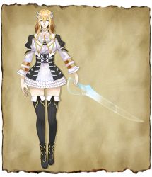 Rule 34 | 1girl, alternate costume, alternate hair color, alternate headwear, alternate legwear, alternate weapon, blonde hair, bloodstained: ritual of the night, blue eyes, concept art, dress, frilled dress, frills, gradient background, miriam (bloodstained), natsume yuji, official art, solo, standing, sword, thighhighs, weapon