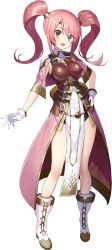 Rule 34 | 1girl, armor, blush, boobplate, boots, breastplate, cape, capelet, fire emblem, fire emblem echoes: shadows of valentia, fire emblem heroes, full body, gaou (umaiyo puyoman), gloves, hand on own hip, highres, long hair, looking at viewer, mae (fire emblem), nintendo, official art, open mouth, overskirt, pelvic curtain, pink hair, red eyes, smile, solo, standing, tiara, transparent background, twintails, white gloves