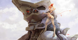 Rule 34 | 1girl, bikini, boots, breasts, head, high ponytail, highres, large breasts, making-of available, marc brunet, mecha, navel, original, realistic, red eyes, red hair, robot, science fiction, short hair, size difference, solo, standing on shoulder, swimsuit, thigh boots, thighhighs, toned, underboob