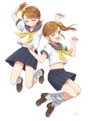 Rule 34 | 2girls, arms up, black skirt, blush, bow, breasts, brown eyes, brown footwear, brown hair, clenched hands, closed eyes, dot nose, full body, futami ami, futami mami, grey sailor collar, grin, hair bobbles, hair bow, hair ornament, hands up, highres, idolmaster, idolmaster (classic), idolmaster million live!, idolmaster million live! theater days, jumping, loafers, long hair, looking at viewer, loose socks, midriff peek, multiple girls, navel, neckerchief, one eye closed, open mouth, oq, pleated skirt, pocket, sailor collar, school uniform, serafuku, shirt, shoes, short hair, short sleeves, siblings, side ponytail, signature, simple background, sisters, skirt, small breasts, smile, socks, teeth, twins, white background, white shirt, white socks, yellow bow, yellow neckerchief