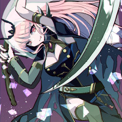 Rule 34 | 1girl, arm strap, black cape, black dress, breasts, cape, cleavage, detached sleeves, dress, haruhina purple, head tilt, highres, holding, holding scythe, hololive, hololive english, looking at viewer, medium breasts, mori calliope, red eyes, scythe, see-through, see-through sleeves, single detached sleeve, single sleeve, smile, solo, spikes, thighhighs, tiara, tongue, tongue out, veil, virtual youtuber