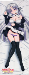 Rule 34 | 1girl, absurdres, artist request, bed sheet, black thighhighs, blush, breasts, cleavage, clothes lift, copyright name, copyright notice, dakimakura (medium), detached collar, full body, gothic lolita, headdress, highres, jinguuji kuesu, large breasts, legs, lolita fashion, long hair, long image, lying, non-web source, omamori himari, on back, panties, panty pull, purple eyes, silver hair, skirt, skirt lift, solo, tall image, thighhighs, underwear, very long hair
