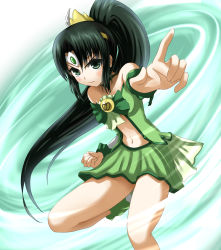 Rule 34 | 10s, 1girl, adapted costume, bare shoulders, cure march, green background, green eyes, green theme, highres, long hair, magical girl, midorikawa nao, navel, ponytail, precure, ryuusama, skirt, smile precure!, solo, tiara, very long hair