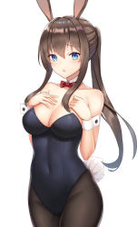 Rule 34 | 1girl, amiya (arknights), animal ears, arknights, bare arms, bare shoulders, bencao gangmu (19), blue eyes, blush, bow, bowtie, breasts, brown hair, cleavage, cowboy shot, fake animal ears, hair between eyes, highres, large breasts, leotard, long hair, looking at viewer, navel, pantyhose, playboy bunny, ponytail, rabbit ears, rabbit girl, red bow, red bowtie, simple background, solo, white background, wrist cuffs