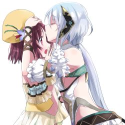 Rule 34 | 2girls, atelier (series), atelier sophie, backless outfit, bad id, bad pixiv id, bare shoulders, blush, brown eyes, brown hair, detached sleeves, closed eyes, female focus, kissing forehead, hair ornament, hat, kiss, kissing forehead, long hair, low ponytail, maromi (am97), multiple girls, open mouth, plachta, ponytail, puffy short sleeves, puffy sleeves, shirt, short sleeves, silver hair, skirt, sophie neuenmuller, very long hair, yuri