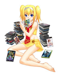 Rule 34 | bad id, bad pixiv id, barefoot, blonde hair, blue eyes, blush, feet, flat chest, hairband, midriff, miniskirt, necktie, no panties, playing games, sitting, skirt, solo, sutein, twintails, video game