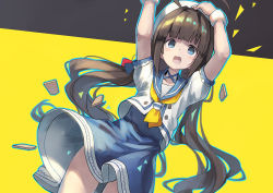 Rule 34 | 10s, 1girl, :d, ahoge, arms up, beret, blue dress, blue eyes, blunt bangs, blush, brown hair, commentary request, dress, dutch angle, hat, hinatsuru ai, huanxiang huifeng, jacket, long hair, low twintails, open mouth, puffy short sleeves, puffy sleeves, revision, ryuuou no oshigoto!, school uniform, short sleeves, smile, solo, twintails, very long hair, white hat, white jacket, yellow neckwear