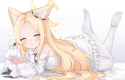 Rule 34 | 1girl, :d, absurdres, akizuki kawakaze, animal ear fluff, animal ears, bird, blonde hair, blue archive, cellphone, commentary request, detached sleeves, dress, flower, foot up, forehead, fox ears, fox girl, frilled dress, frills, hair flower, hair ornament, halo, highres, holding, holding phone, long hair, long sleeves, looking at viewer, lying, on stomach, open mouth, orange eyes, panties, panties under pantyhose, pantyhose, parted bangs, parted lips, phone, school uniform, seia (blue archive), sidelocks, sleeves past fingers, sleeves past wrists, smartphone, smile, solo, underwear, white background, white dress, white pantyhose, wide sleeves