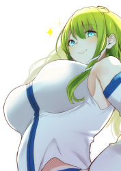 Rule 34 | 1girl, absurdres, amisu, bare shoulders, blue eyes, blush, breasts, closed mouth, collared shirt, commentary request, detached sleeves, eyelashes, frog hair ornament, from below, green hair, hair ornament, highres, kochiya sanae, large breasts, lips, long hair, long sleeves, looking at viewer, looking down, midriff, nontraditional miko, one-hour drawing challenge, shirt, simple background, sleeveless, sleeveless shirt, smile, snake hair ornament, solo, sparkle, standing, touhou, upper body, white background, white shirt, wide sleeves, wing collar