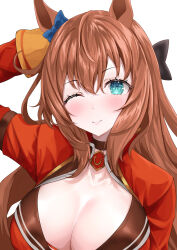 Rule 34 | 1girl, absurdres, animal ears, aqua eyes, arm up, black bow, blue bow, blush, bow, breasts, brown hair, choker, cleavage, closed mouth, commentary request, ear bow, hair between eyes, highres, horse ears, horse girl, jacket, large breasts, long hair, maruzensky (umamusume), pendant choker, red choker, red jacket, simple background, smile, solo, tsuyusora, umamusume, upper body, white background