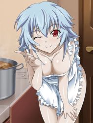 Rule 34 | 10s, 1girl, apron, bent over, blue hair, breasts, cleavage, collarbone, eyebrows, hand on lap, index finger raised, indoors, infinite stratos, large breasts, looking at viewer, lowres, naked apron, one eye closed, outdoors, red eyes, sarashiki tatenashi, short hair, smile, solo, white apron