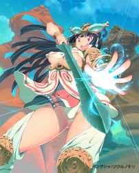 Rule 34 | 1girl, armor, blush, breasts, cleavage, harem gain, headdress, highres, large breasts, long hair, looking at viewer, magic, open mouth, original, red eyes, smile, solo, sword, underboob, watermark, weapon, zasha