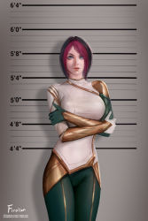 Rule 34 | 1girl, black hair, blue eyes, breasts, crossed arms, fiora (league of legends), firolian, gloves, height chart, highres, large breasts, league of legends, lips, looking at viewer, mugshot, multicolored hair, pants, red hair, short hair, solo, standing