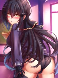 Rule 34 | 1girl, ass, black hair, black panties, black shirt, blouse, blush, breasts, cameltoe, dandelion (girls&#039; frontline), embarrassed, from behind, girls&#039; frontline, hair ornament, highres, huge ass, large breasts, long hair, looking at viewer, looking back, mechanical arms, mechanical hands, no pants, open mouth, panties, school uniform, serafuku, shiny clothes, shiny skin, shirt, sideboob, solo, thick thighs, thighhighs, thighs, underwear, very long hair, xlscaler