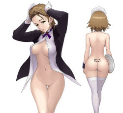 Rule 34 | 10s, 1girl, adjusting hair, arms at sides, ass, back, back tattoo, body writing, bottomless, breasts, brooch, brown hair, butt crack, buttons, detached collar, earrings, gloves, green eyes, hair slicked back, hands on own head, hands up, head tilt, holding, idolmaster, idolmaster cinderella girls, jacket, jewelry, kimura natsuki, kneepits, large breasts, long sleeves, looking at viewer, maid headdress, multiple views, navel, no bra, nude, open clothes, open jacket, open shirt, purple ribbon, ribbon, shirt, short hair, simple background, stomach, stud earrings, tattoo, thigh gap, thighhighs, tramp stamp, tray, unbuttoned, wata do chinkuru, white background, white gloves, white shirt, white thighhighs, wrist cuffs