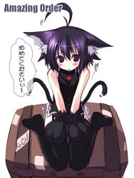 Rule 34 | 1girl, ahoge, animal ears, black thighhighs, born freaks!, brown eyes, cat ears, cat tail, garter belt, multiple tails, purple hair, senmu (senmudayo), simple background, solo, suitcase, tail, tail wagging, thighhighs, translated, uracil