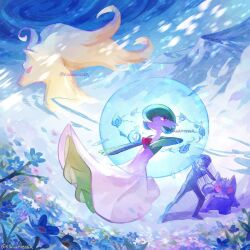 Rule 34 | 1boy, artist name, bob cut, colored skin, creatures (company), dress, field, flower, flower field, game freak, gardevoir, gen 1 pokemon, gen 3 pokemon, gengar, ghost, green hair, green skin, hair over one eye, highres, kianamosser, mountainous horizon, multicolored skin, ninetales, nintendo, pokemon, pokemon (creature), pokemon mystery dungeon, pokemon mystery dungeon: red/blue rescue team, red eyes, smile, two-tone skin, white dress, white skin, will-o&#039;-the-wisp (mythology)